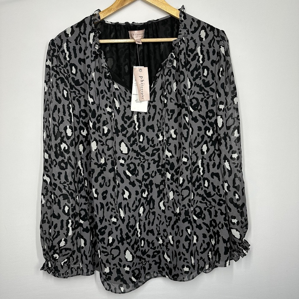 NWT Philosophy Ruffle Sleeve Split Neck Printed Top blouse grey leopard print 3X